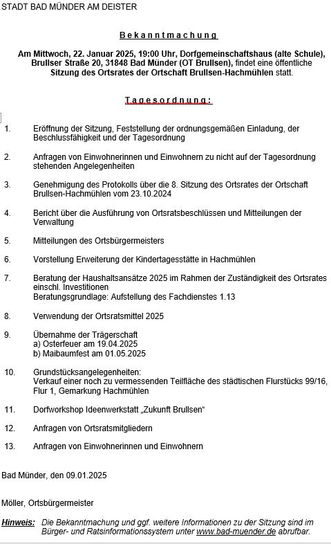 Sitzung des Ortsrates Brullsen-Hachmühlen @ in der ehemaligen Schule in Brullsen