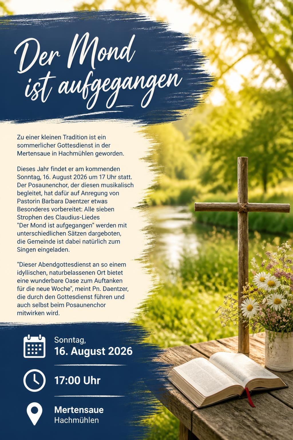 Gottesdienst in der Mertensaue am Sonntag, 17.8.2026 um 17 Uhr @ Mertensaue an der Hamel