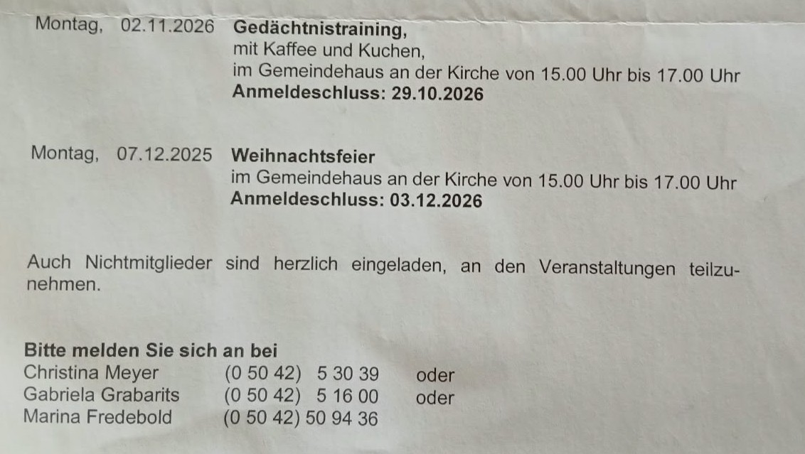 Der DRK-Ortsverein lädt ein zum Gedächtsnistraining bei Kaffee und Kuchen @ Gemeindesaal der ev.-luth. Kirche Hachmühlen